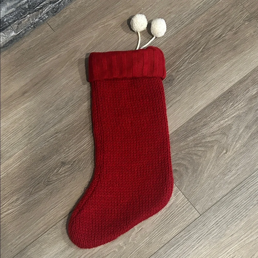 Red Knit Christmas Stocking with‎ Pom Poms and Letter “L”